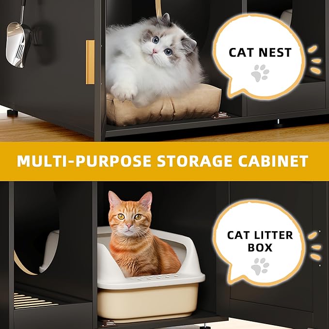 DWVO Cat Litter Box Enclosure for 2 Cats, Litter Box Enclosure Furniture Hidden with Double Room, 2-in-1 Wooden Cat Cabinet with Mini Pool Table Tower, 2 Feather Teaser Sticks & 8 Felt Balls, Black