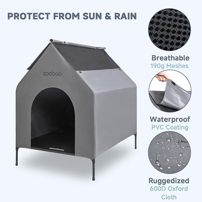 35" 2-in-1 Large Dog House, Dog House for Large Dog Indoor or Outside, Weatherproof 600D PVC Dog House Outdoor, Featuring Breathable 2x1 Textilene Elevated Dog Bed, Easy Clean and Assemble