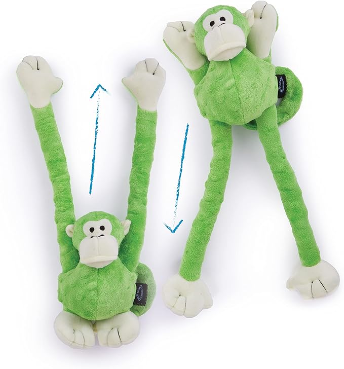 goDog Crazy Tugs Monkey Squeaky Plush Tug Dog Toy, Chew Guard Technology - Green Large