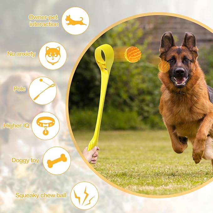 Dog Ball Thrower launcher Interactive Dog Toy with Vocal Cue Ball includes 6.2CM(2.44") Medium Herding Ball & 49.3CM(19.4") Non-slip Handle Yellow