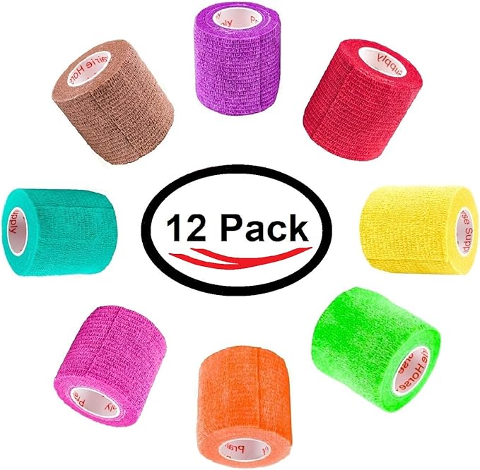 2 Inch Vet Wrap Tape Bulk (Assorted Colors) (Pack of 12) Self Adhesive Adherent Adhering Flex Bandage Grip Roll for Dog Cat Pet Horse