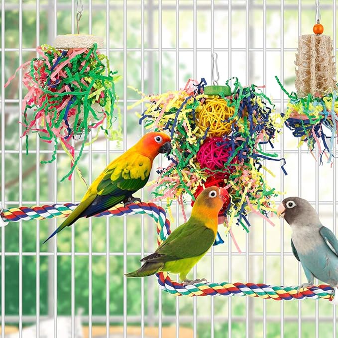 Bird Toys Bird Shredding Foraging Toys Parakeet Toy Chewing Hanging Toy Bird Shredded Paper Bird Cage Accessories Bird Rope Perch for Conure Cockatiel Budgies Lovebird Parrotlet (with Rope Perch)