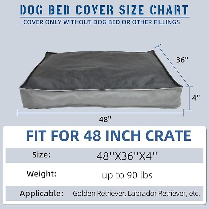 Dog Bed Covers Replacement Washable, Scratch Resistant Soft Faux Leather Dog Bed Cover with Zipper 48" L x 36" W x 4" H, Cover Only