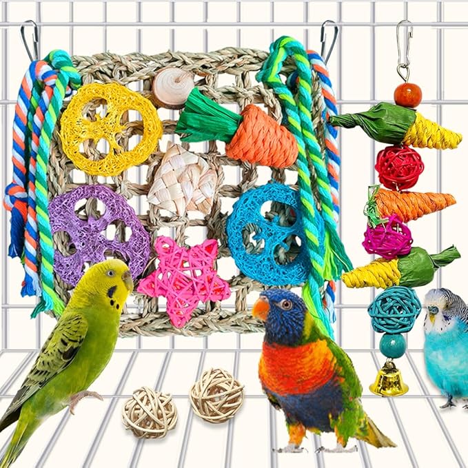 4 Pcs Parrot Toys, Foraging Shredding Seagrass Wall for Birds, Seagrass Woven Climbing Hammock Mat with Colorful Chewing Toys for Lovebirds, Parakeets, Budgerigars, Conure, Cockatiel