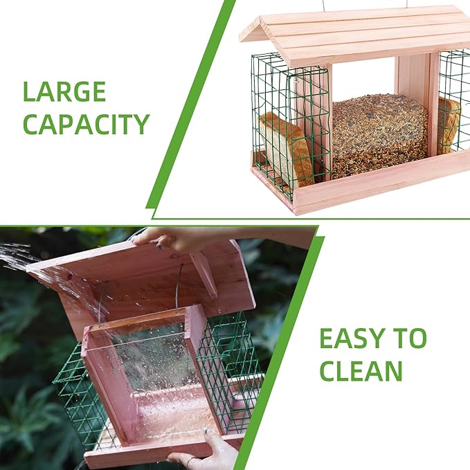 Wooden Bird Feeders for Outdoor Hanging, Large Capacity Handmade Wildbird Feeder for Outside Yard Patio Hanging with Double Suet Holder Cages, Waterproof and Durable, Pink