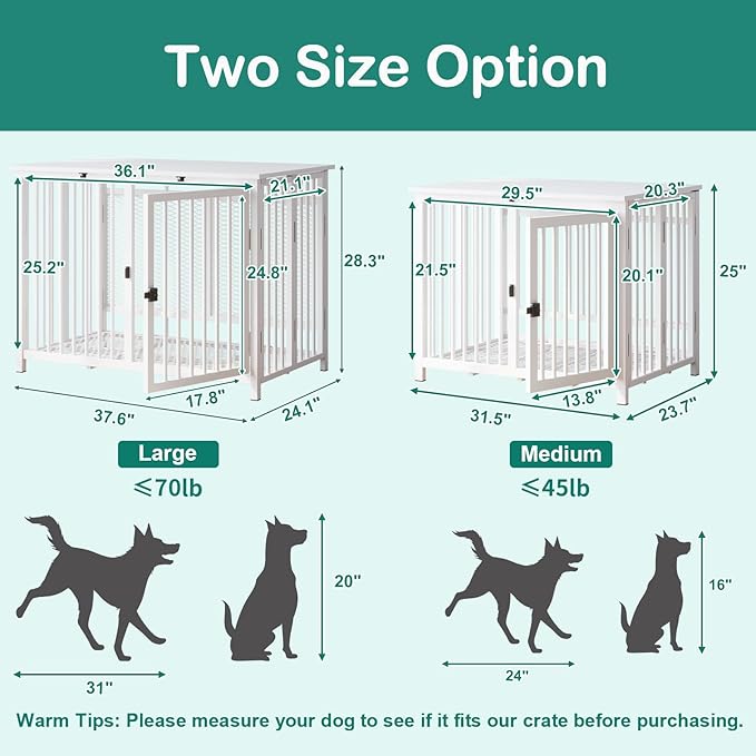 Heavy Duty Dog Crate Furniture, Fully Assembled exc. Locks, All Metal Frame & Wooden Tabletop, Modern Kennel for Small Dog, End Table, Sturdy, Foldable, White