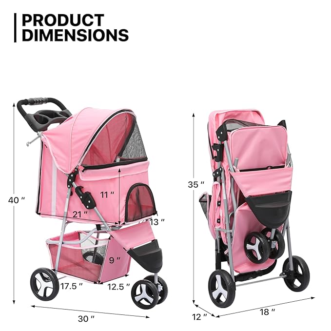 MoNiBloom 3-Wheels Foldable Pet Stroller w/Cover, Pet Strolling Cart for Small/Medium Dogs and Cats w/Cup Holder, Breathable Visible Mesh, Pink