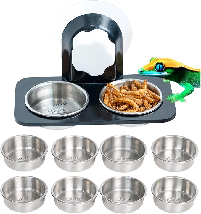 Crested Gecko Feeding Ledge [Non-Suction Cup], with 10 Pcs Stainless Steel Metal Food Cups, Reptile Food Bowls and Water Dish, for Lizard Or Other Small Pet Feeder Accessories Supplies