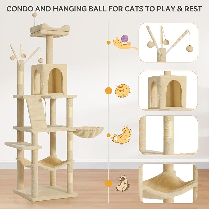 YITAHOME 64.5" Cat Tree, Multi-Level Cat House, Large Cat Condo Furniture with Perch Hammock, Scratching Posts and Dangling Balls for Kittens, Cats and Pets, Beige