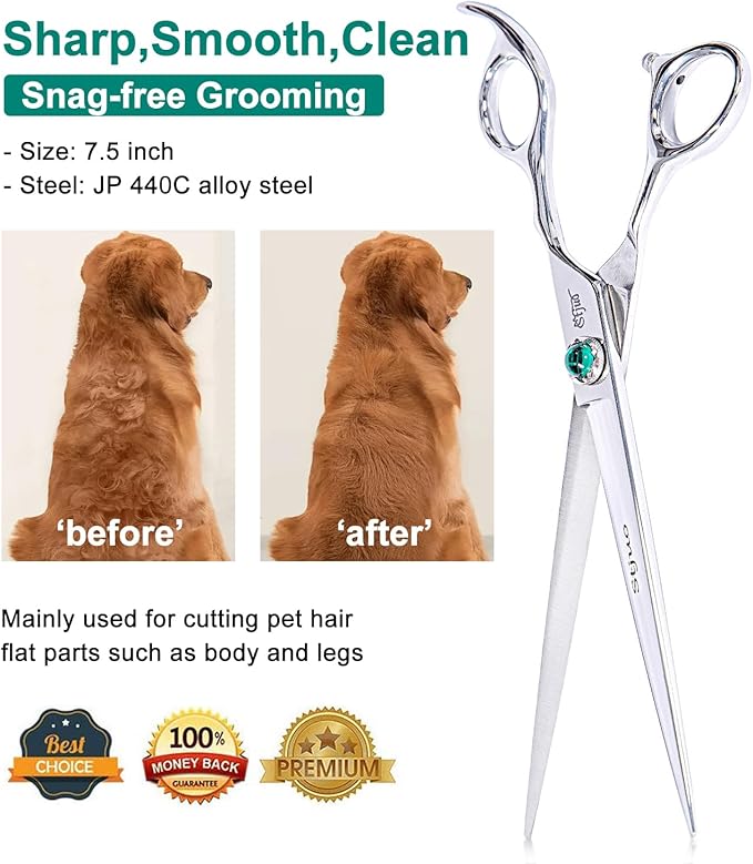 Dog Grooming Straight Scissors 7.5 inch Professional Pet Shears Made Of Japanese Advanced Stainless Steel Professional Grooming Scissors for Dogs Cats and Other Pets