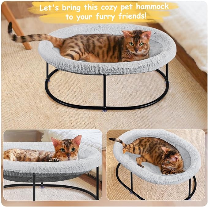 Elevated Cat Hammock Bed for Indoor Cats, Fluffy Warm Cuddle Cat Bed with Detachable Pad Bed Cover, Raised Pet Bed Cuddler for Sleeping Kittens, Small Dog, Oval Cat Hammock Grey