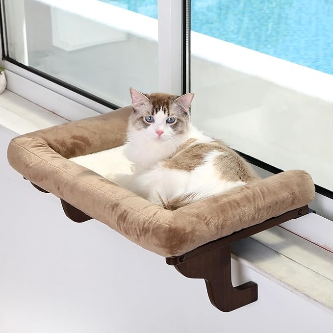 Cat Perch for Window Sill with Bolster - Orthopedic Hammock Design with Premium Hardwood & Robust Metal Frame - Cat Window Seat for Large Cats and Kittens - Dark Stained Wood with Brown Bed