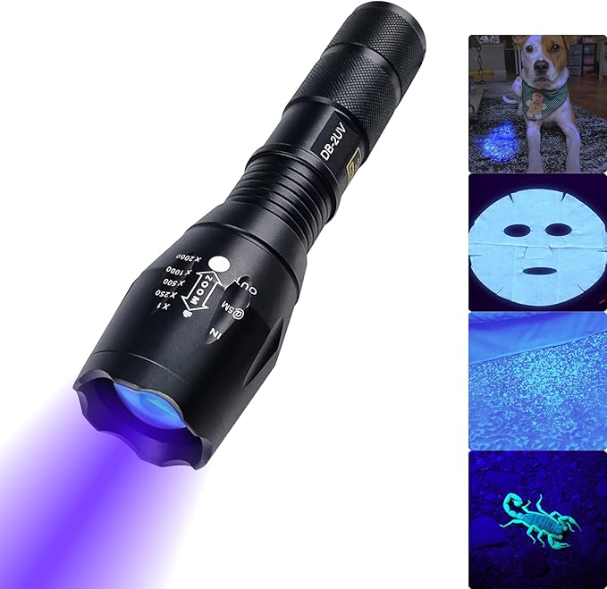 Eagou Diary UV Flashlights for Pet Urine, 365nm & 395nm UV Black Light Flashlights Mini UV Light Flashlight Zoomable Lens Black Light for Pet Urine Detection IP65 Waterproof Woods Lamp Skin Analyzer