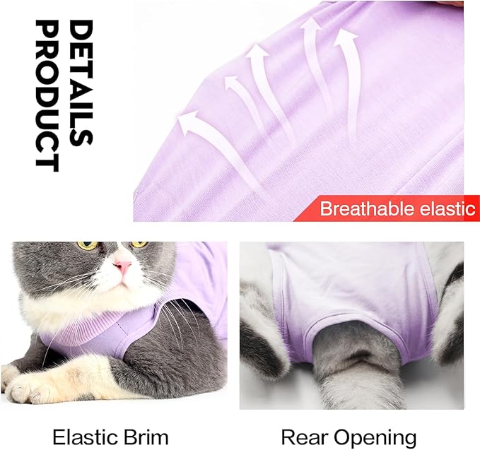 Cat Recovery Suit for Male and Female Surgical Post Surgery Soft Cone Onesie Shirt Clothes Neuter Licking Protective Diapers Outfit Cover Kitten Spay Collar(M, Purple)