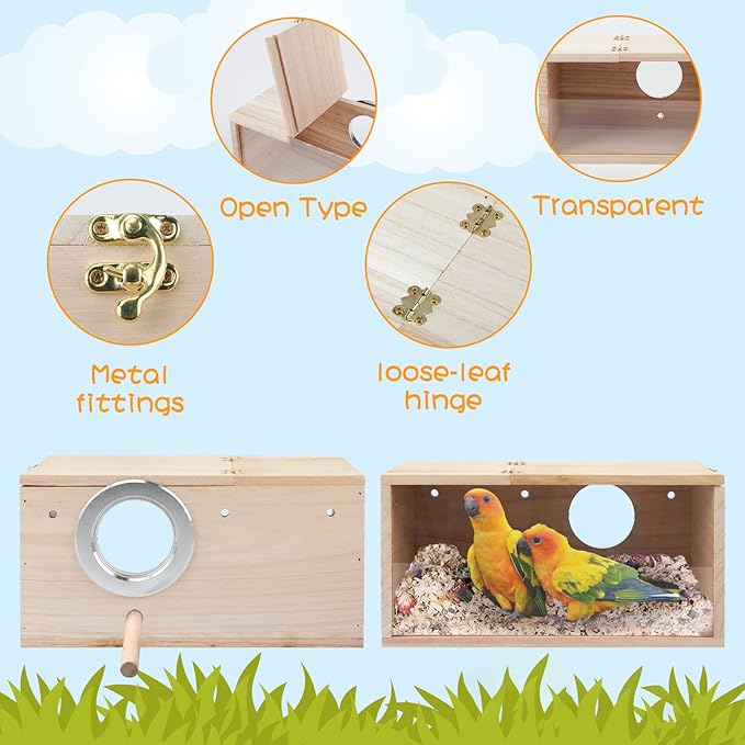 Rypet Parakeet Nesting Box Transparent Design, Bird Nest Breeding Box with Perch Wood Bird Cage House for Cockatiel Lovebirds Budgie Finch Parrotlets Canary