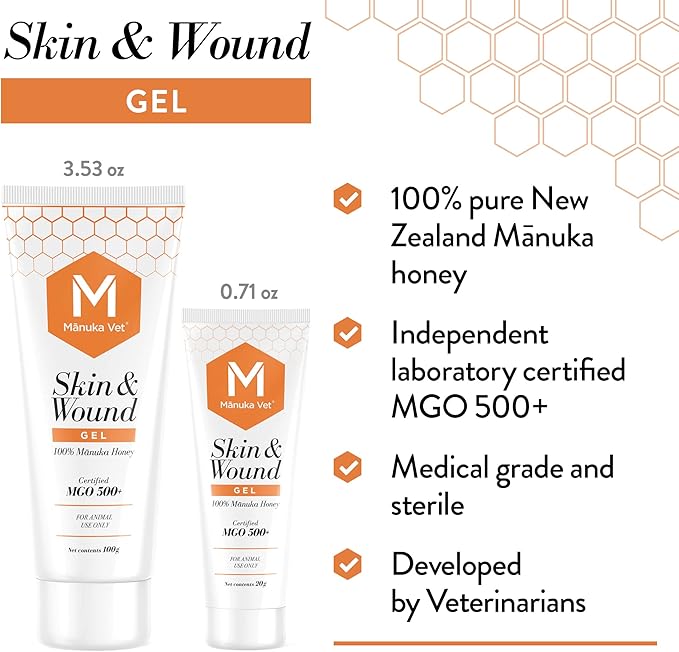 Manuka Vet Skin & Wound Gel, 500+ MGO Medical Grade Manuka Honey, Rapid Healing & Skin Repair Treatment for Dogs, Horses and Cats, 3.53oz (100g) Tube