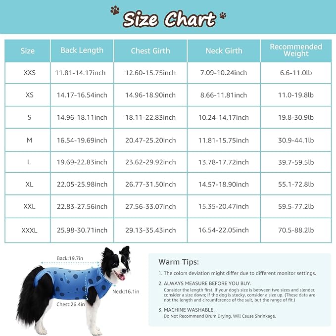 2 Packs Dog Recovery Suit Female Male, Blue+Blue, L