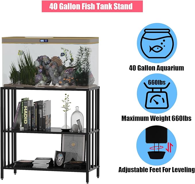 Fish Tank Stand with Metal Shelves, 40 Gallon Aquarium Stand Heavy Duty Turtle Tank Terrariums Tank Breeder Reptile Tank Stand for Home Office, 36.6” x 18.5” x 29.5” (Black)