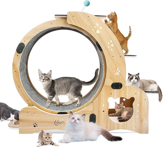 Cat Exercise Wheel, 4-in-1 Cat Wheel Wood Climbing Frame, Cat Litter Fitness Wheel for Indoor Cats,Climbing Ladders,Cat Scratching Board,Cat Bowls,Natural Wood(Upgraded 4-In-1model)