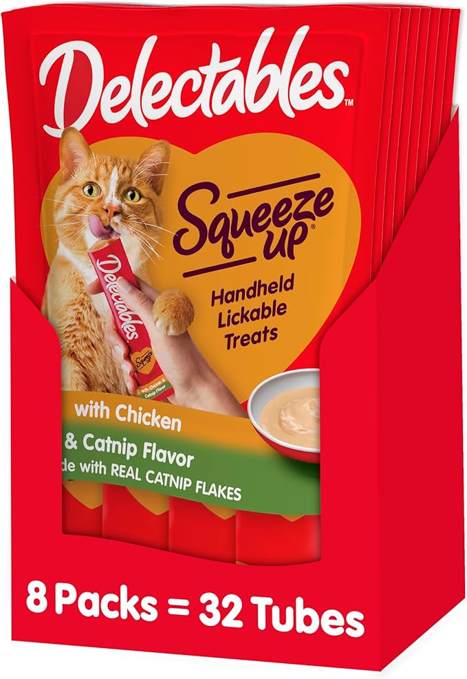 Hartz Delectables Squeeze Up Interactive Lickable Wet Cat Treats for Adult & Senior Cats, Chicken with Catnip, 32 Count