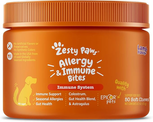 Zesty Paws Dog Allergy Relief - Anti Itch Supplement - Omega 3 Probiotics for Dogs - Digestive Health - Soft Chews for Skin & Seasonal Allergies - with Epicor Pets - Lamb - 50 Count