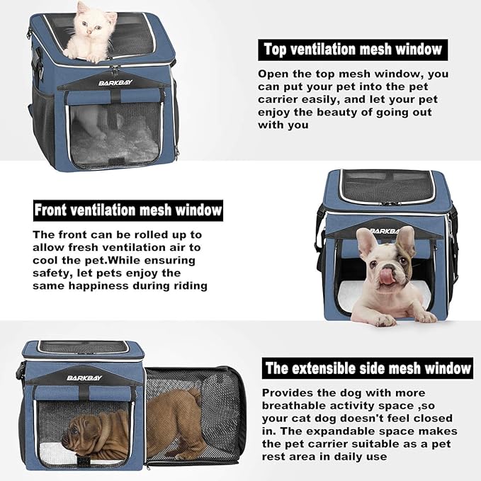 Dog Bike Basket Carrier, Expandable Foldable Soft-Sided Dog Carrier, 2 Open Doors, 5 Reflective Tapes, Pet Travel Bag,Dog Backpack Carrier Safe and Easy for small medium Cats and Dogs(Blue)