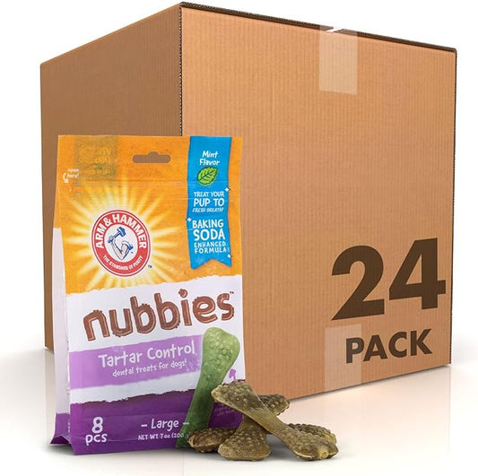 Arm & Hammer for Pets Nubbies Dental Treats for Dogs | Dental Chews Fight Bad Breath, Plaque & Tartar Without Brushing | Mint Flavor, 8 Count, 24 Pack, Size Large