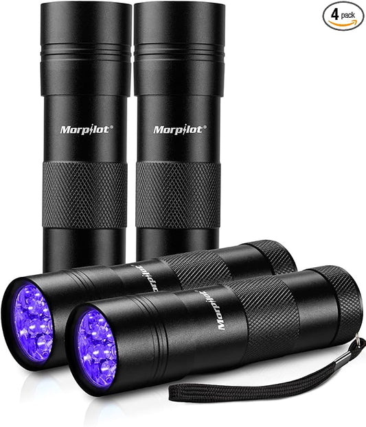 morpilot Black Light, 4 PCS 12 LEDs 395nm UV Blacklight Flashlights Detector for Pets Urine and Stains