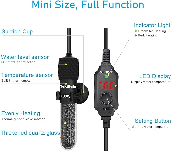 YukiHalu Submersible Aquarium Heater 100W 150W 200W, Adjustable Mini Fish Tank Heater, Small Size, Overheating Protection, External Controller, Used for 0.5-40 Gallons(100W)