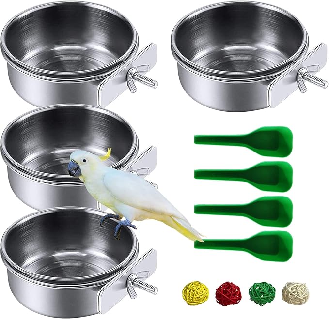 kathson 4 Pcs Stainless Steel Bird Feeding Bowl,Parrot Feeder Dish Cups Birds Cage Water Food Bowls Coop Cup with Clamp Holder for Parrots Cockatiel Budgies Parakeet Lovebird(L)