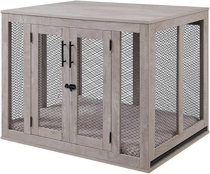 unipaws Large Dog Crate Furniture, Wooden Dog Kennel for Large Breed, Indoor Decorative Wood Dog Cage, Inside Side End Table Crate with Tray and Dog Bed, Dog Enclosure, for Dogs Up to 70 lbs