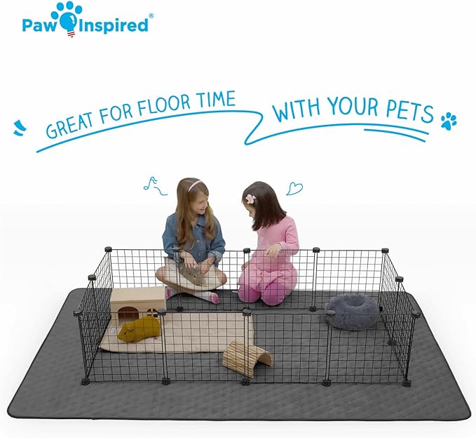 Paw Inspired 80x50” Waterproof Playpen Mat | Super Absorbent Fleece Cage Liner with Non-Slip Bottom | Pet Play Pen Pad for Dogs, Rabbits, Guinea Pigs, Hamsters, Small Animals (Dark Gray)