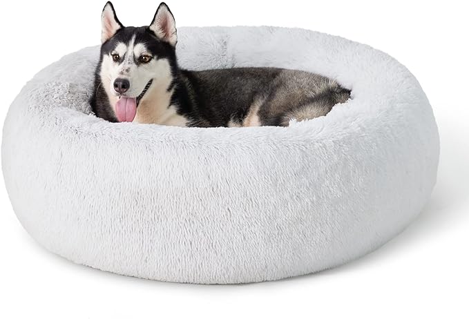 Bedsure Calming Dog Bed for Large Dogs - Donut Washable Large Pet Bed, 36 inches Anti Anxiety Round Fluffy Plush Faux Fur Dog Bed, Fits up to 100 lbs Pets, Frost Grey