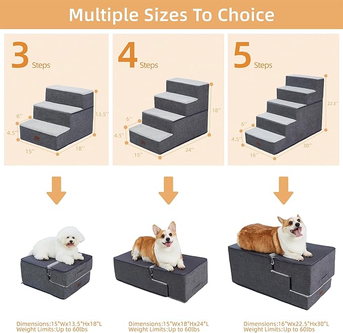 Dog Stairs for Small Dogs - Foam Pet Steps for High Beds and Couch, Non-Slip Folding Dog Steps Portable Pet Stairs for Large Dog and Cats,4 Step, Grey