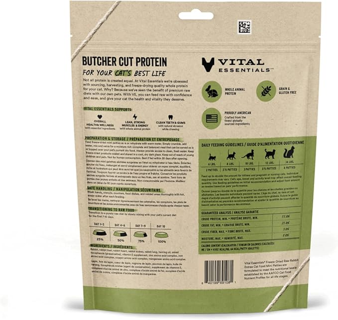 Vital Essentials Freeze Dried Raw Cat Food, Rabbit Mini Patties Entree, 3.75 oz