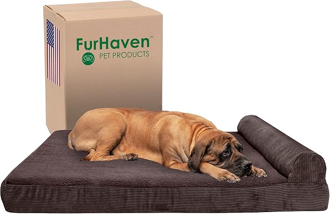 Furhaven Orthopedic Dog Bed for Large Dogs w/ Removable Bolster & Washable Cover, For Dogs Up to 125 lbs - Fleece & Corduroy Bolster Chaise - Dark Espresso, Jumbo Plus/XXL