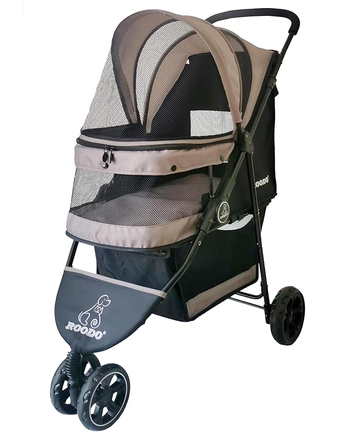 ROODO Escort 3Wheel Dog Stroller Cat Stroller Pet Stroller for Small Dogs and Cats,with Removable Liner Storage Basket and Cup Holder,Lightweight Pet Gear Foldable Jogger Travel System(Grey)