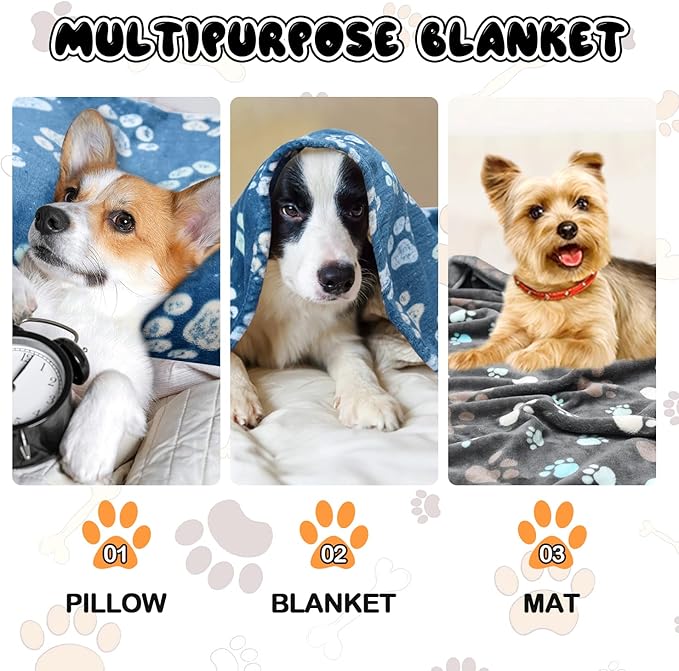 1 Pack 3 Blankets for Dogs, Dog Blankets for Large Dogs, Medium Dog Blanket Super Soft Fluffy Premium Fleece Pet Blanket Flannel Throw for Dog Puppy Cat Paw Blanket, Blue 2+Gray 1,31x41inch