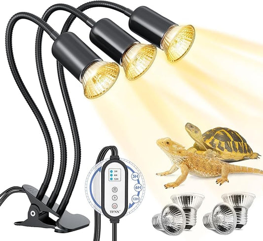 Reptile Heat Lamp, Three Head Reptile Light with Cycle Timer,UVA UVB light, dimmable Basking lamp for Tortoise, Bearded Dragon, Lizard, Snake, E26/27 Base with 4 Bulbs (50W)-Black