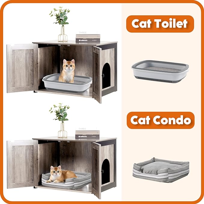 DWANTON Litter Box Enclosure, Cat Litter Box Furniture Hidden, Reversible Entrance Can Be on Left or Right Side, Wooden Cat Washroom Indoor, Fit Most of Litter Box, 27.6 x 19.7 x 19.7 Inches