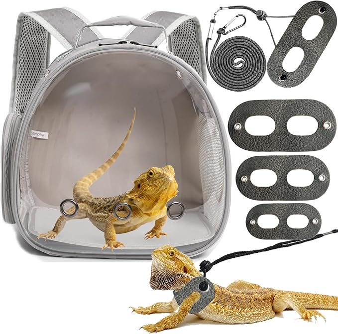 Small Animal Travel Backpack with Harness and Leash Set,Lizard Backpack Travel Carrier,Space Capsule Clear Bubble Window Astronaut Reptile Carrier Backpack, Airline Approved