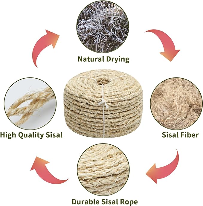 Cat Natural Sisal Rope 1/4 Inch 6mm 164-Feet for Cat Scratching Post Tree Tower Replacement Repair and Replace, DIY Hemp Twine Rope for Cat Scratching Furniture Window Perch and Crafts Gardening