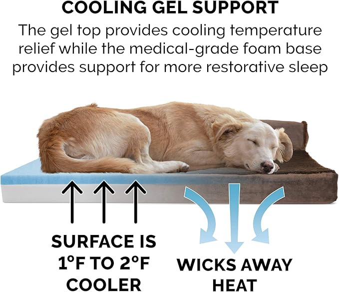 Furhaven Cooling Gel Dog Bed for Large/Medium Dogs w/ Removable Bolsters & Washable Cover, For Dogs Up to 55 lbs - Plush & Velvet L Shaped Chaise - Sable Brown, Large