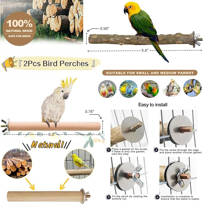 8 PCS Bird Cage Accessories Parrot Perch Bird Swings Parakeet Stand Platforms Bird Feeder Parakeet Toys for Parakeet,Cockatiel,Budgie,Conure,Cockatoo,Canary,Love Birds and Other Small Medium Birds