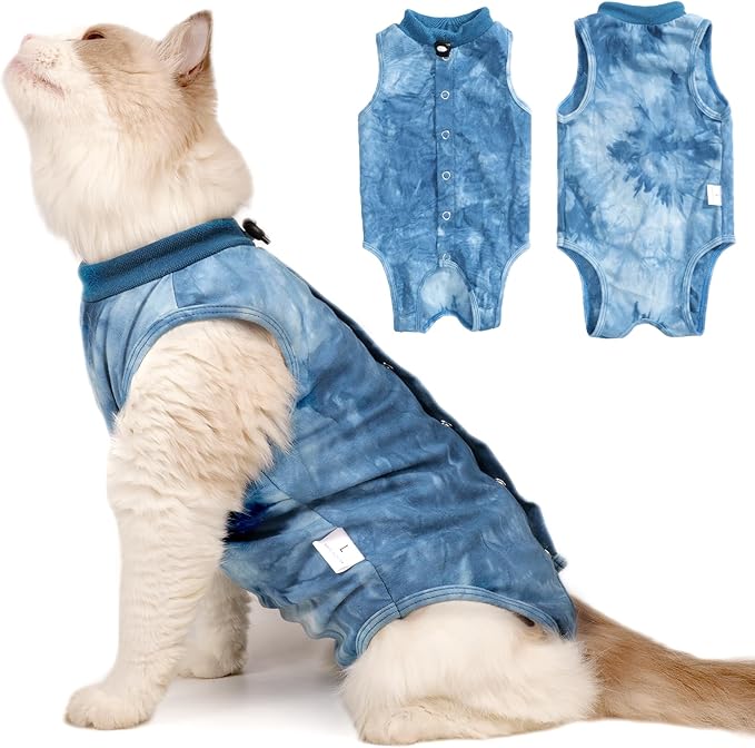 Cat Recovery Suit for Male and Female Surgical Post Surgery Soft Cone Onesie Tie Dye Cats Shirt Clothes Neuter Licking Protective Diapers Outfit Cover Kitten Spay Collar Alternative(Navy Blue, L)