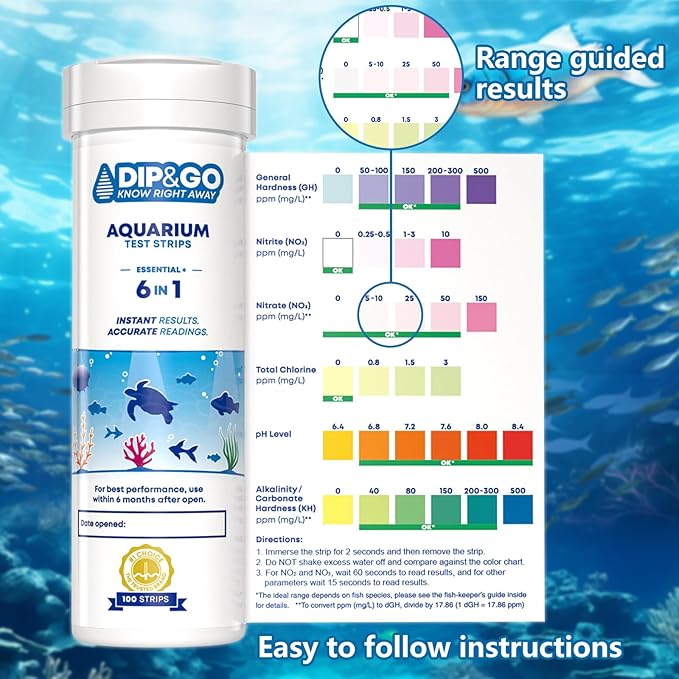 Aquarium Test Strips - Ammonia Test Kit for Aquarium - DIP & GO 6 in 1 Aquarium Water Test Kit for Freshwater, Fish Tank Water Testing Kit, 100 Strips