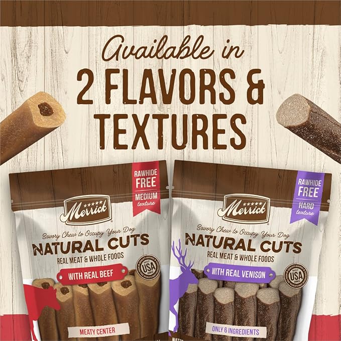 Merrick Natural Cuts Chicken Free Non Rawhide Medium Dog Treats, Hard Texture Chew Sticks With Venison - 4 ct. Pouch