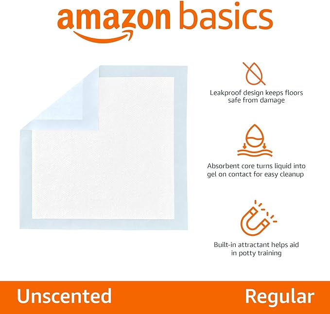 Amazon Basics Dog and Puppy Pee Pads with Leak-Proof Quick-Dry Design for Potty Training, Standard Absorbency, Regular Size, 22 x 22 Inches, Pack of 150, Blue & White