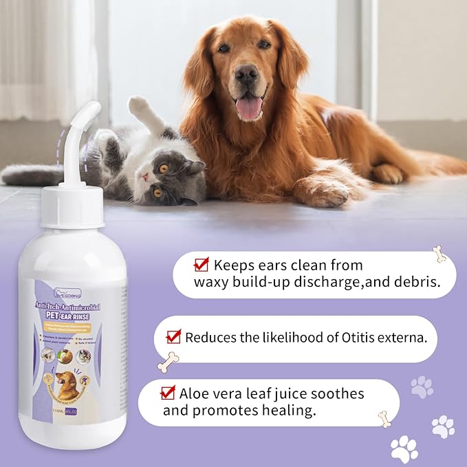 Dog Ear Cleaner,Ear Infection Treatment for Pet,Dog Ear Cleaning Solution for Itch Relief, Soothe Ear Inflammation, with 10 Cotton Swabs.