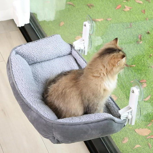 Foldable Cat Hammock for Window with Bolster - Cordless, Fold-Up, Three-Side Bolstered Machine Washable Fluffy Bed, Robust Metal Frame - Cat Window Perch for Large Cats and Kittens - Gray